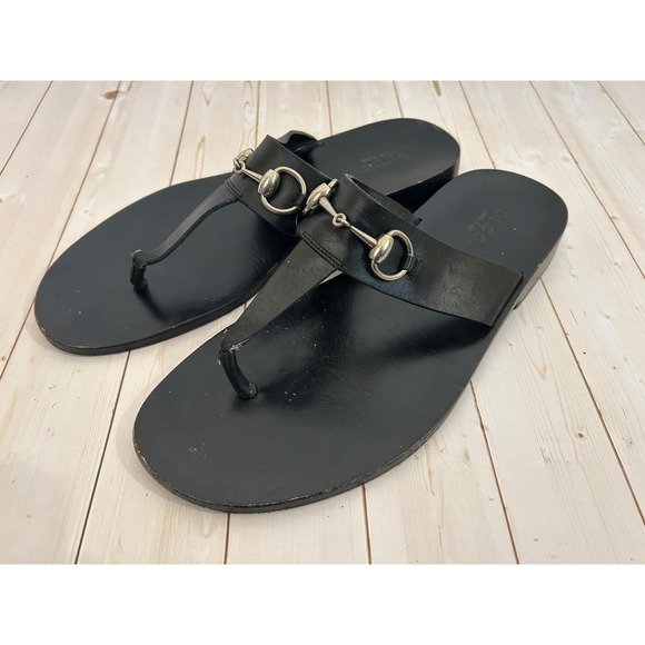 Gucci Other - GUCCI Black Solid Leather Men Thong Horsebit Sandal UK 9/USA / EU 43 Rare